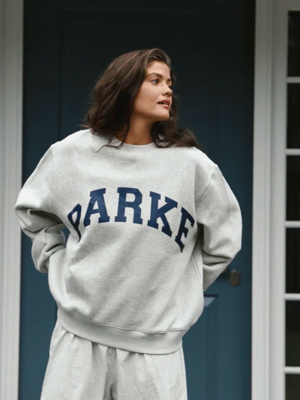 PARKE grey and blue Crewneck Sweatshirt with Navy Logo M/L 100% cotton varsityOG